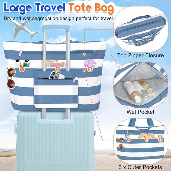 Women's Grey-blue White Waterproof Sandproof Xl Tote Zipper Foldable Beach Bags - Picture 3 of 8